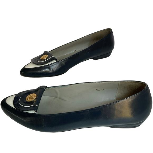 Pappagallo Flats Vintage Navy Blue Leather8.5M Made in Spain Gold Anchor Loafer - Picture 4 of 14